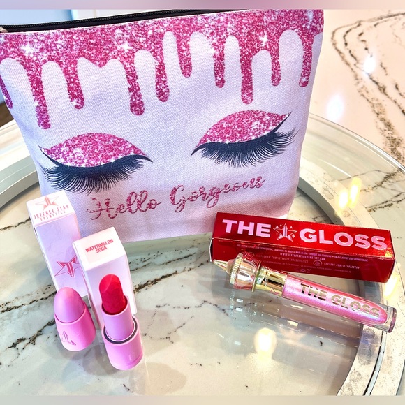 3 Pc NEW Jeffrey Star The Gloss Succulent&Velvet Lipstick Watermelon+Mkup Bag - Picture 7 of 9